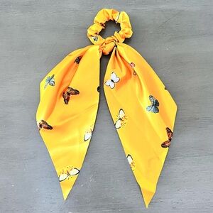 Orange Gold Butterfly Print Satin Green White Butterflies 14" Hair Tie Scrunchie